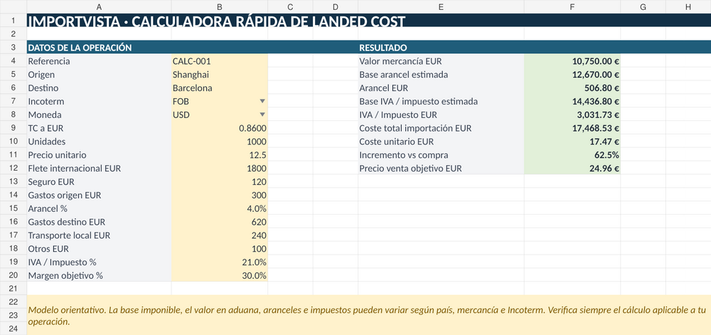 Calculador Profesional de Landed Cost – Coste Total de Importación en Excel