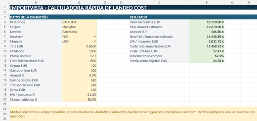 Calculador Profesional de Landed Cost – Coste Total de Importación en Excel